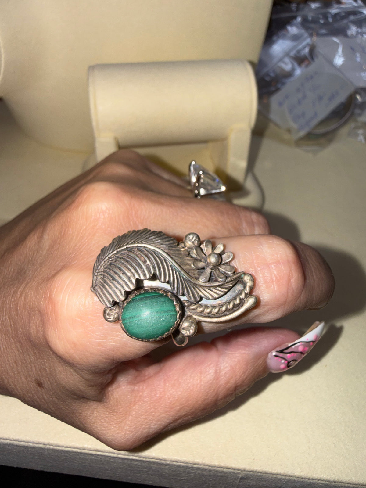 Tourmaline Feather Flower SS Ring