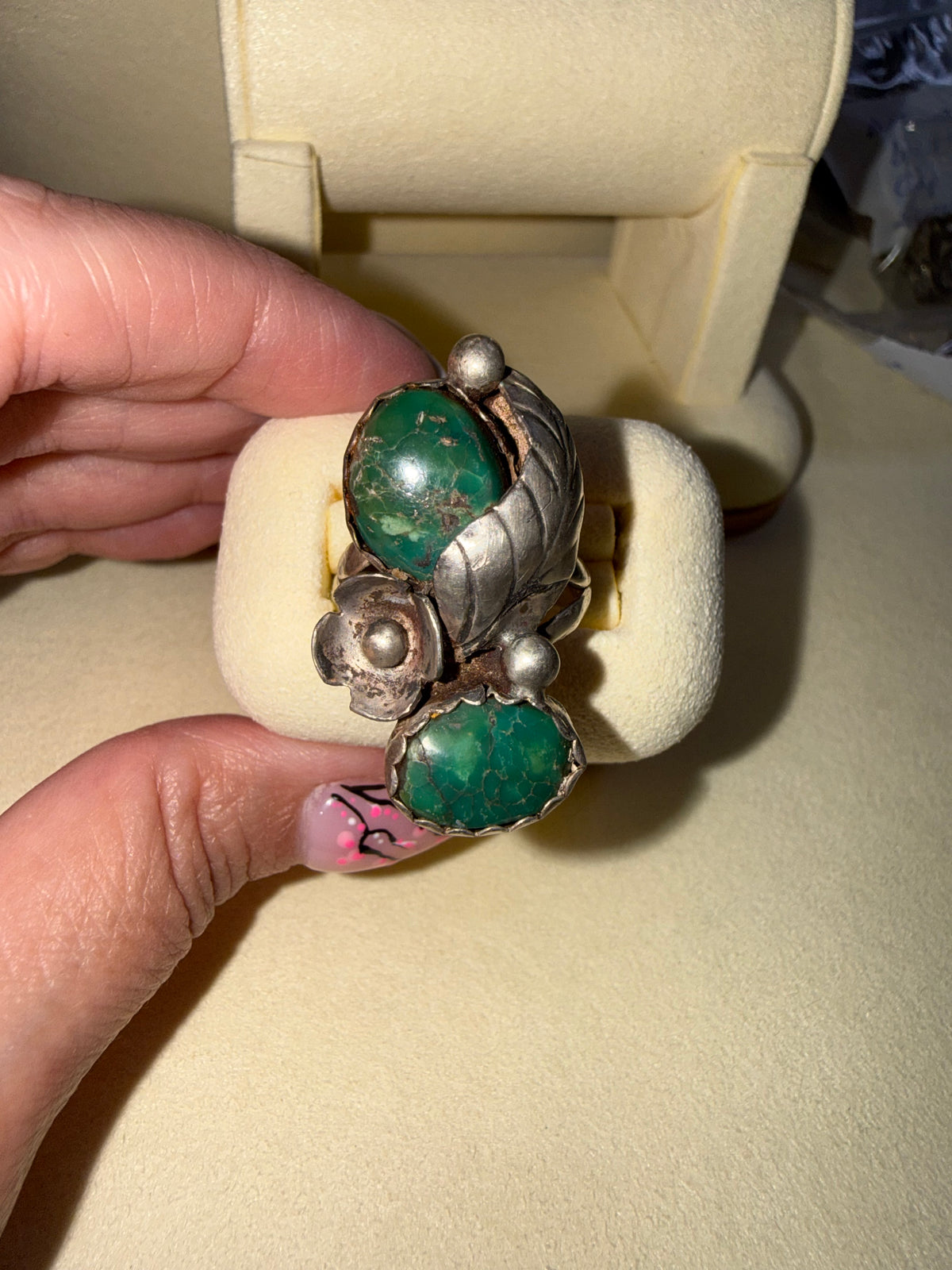 Malachite Double Oval Leaf & Flower SS Ring