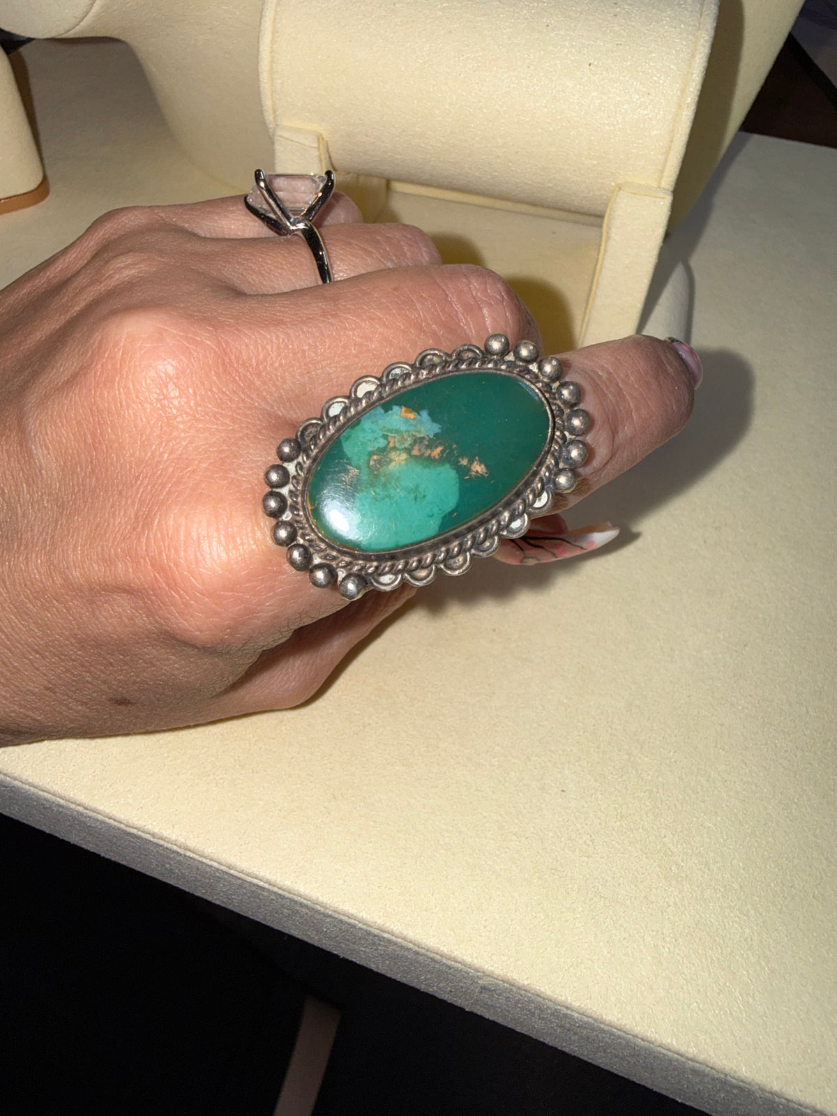 Malachite Oval Cabachon Beaded Statement SS Ring